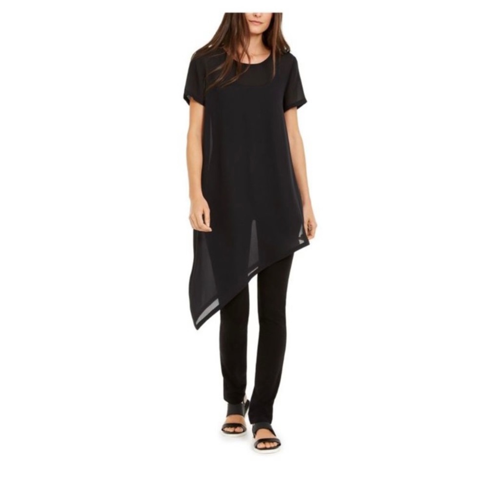 EILEEN FISHER Black Asymmetrical Hem Short Sleeve Evening Silk Tunic